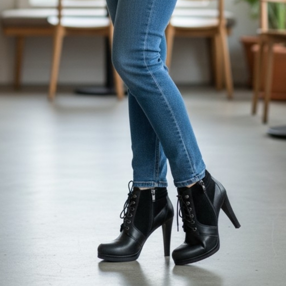 French Connection Sarina Lace Up Bootie Leather Ankle Padded Boots Mobwife Gloss